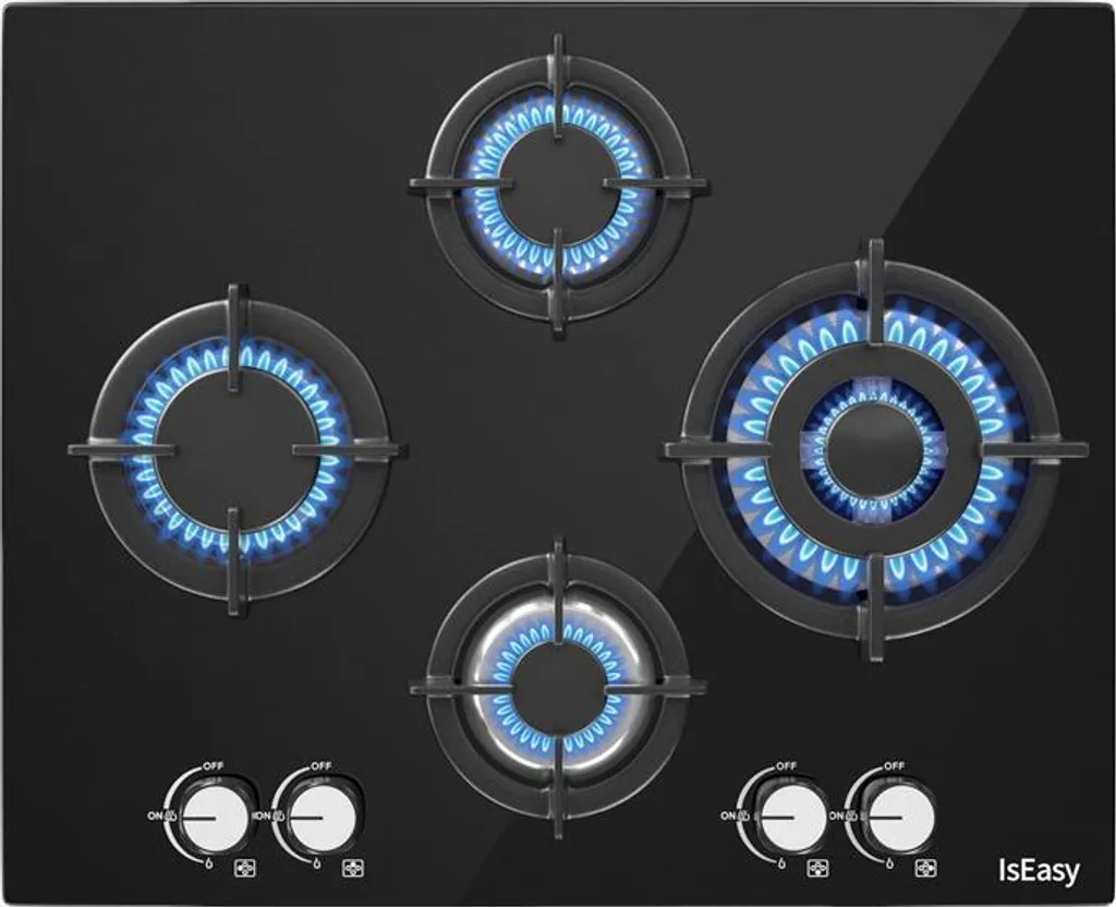 Iseasy Mgbg-604B Plaque de Cuisson à Gaz en Verre Noir avec 4 Brûleurs