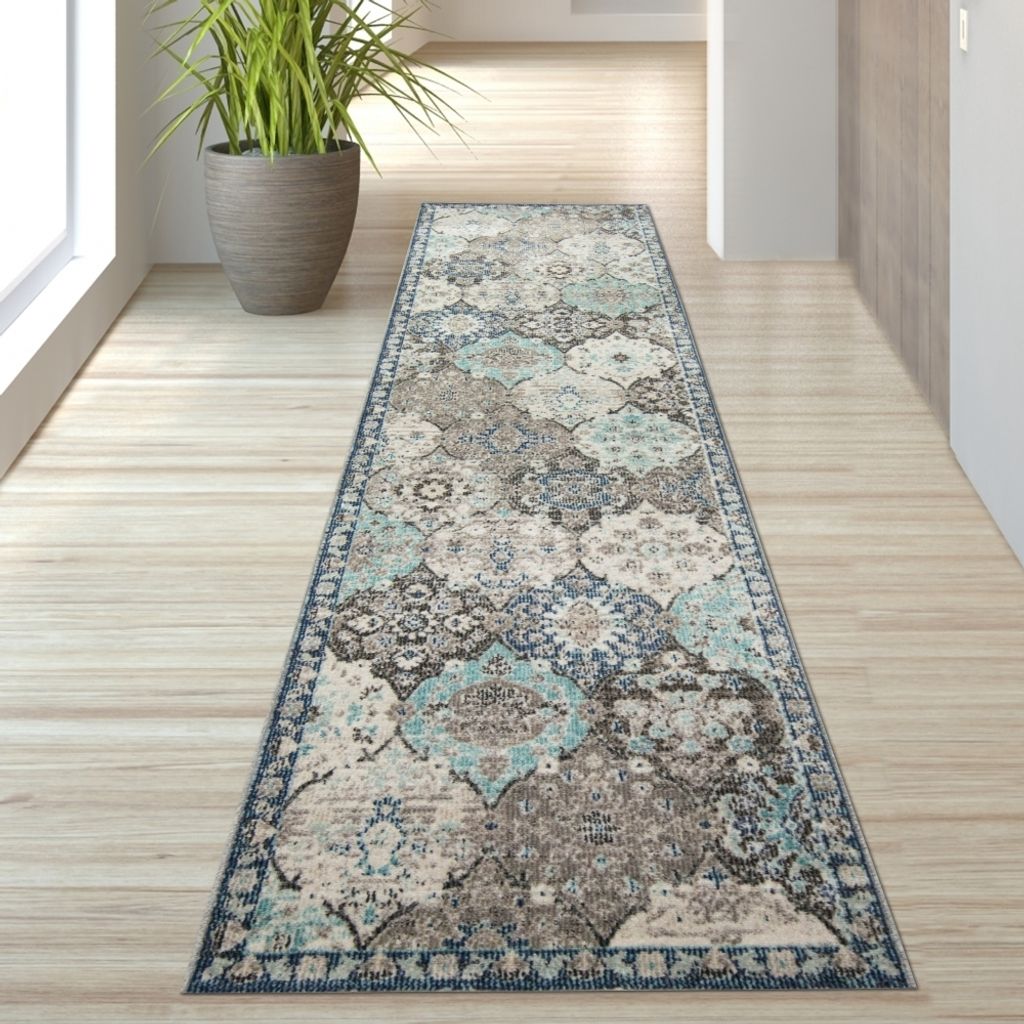 Orientteppich Outdoor Ornamente in grau blau Größe - 80 x 300 cm
