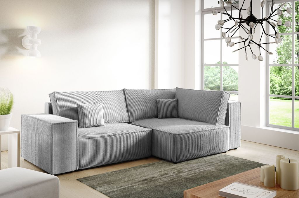 Ecksofa 3 Sitzer MINI POSSO LB von ANTONIO in L-Form mit Schlaffunktion und Bettkästen in Grau Cordbezug, Schenkel Ottomane rechts oder links