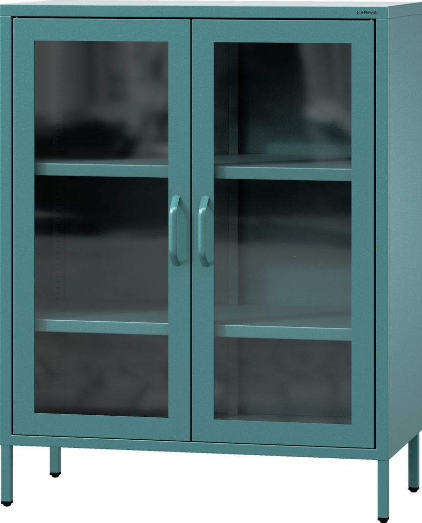 A teal metal cabinet with glass doors and shelves, shown against a white background.