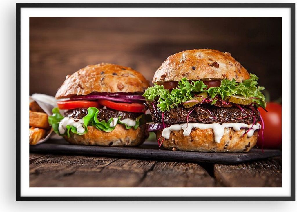 Gerahmtes Poster - Schwarzer Rahmen - Amerikaner Hamburger Essen Barbecue - 100x70 cm - Wand Bild - Wanddeko - Wandbilder - Wandposter - Bilderrahm...