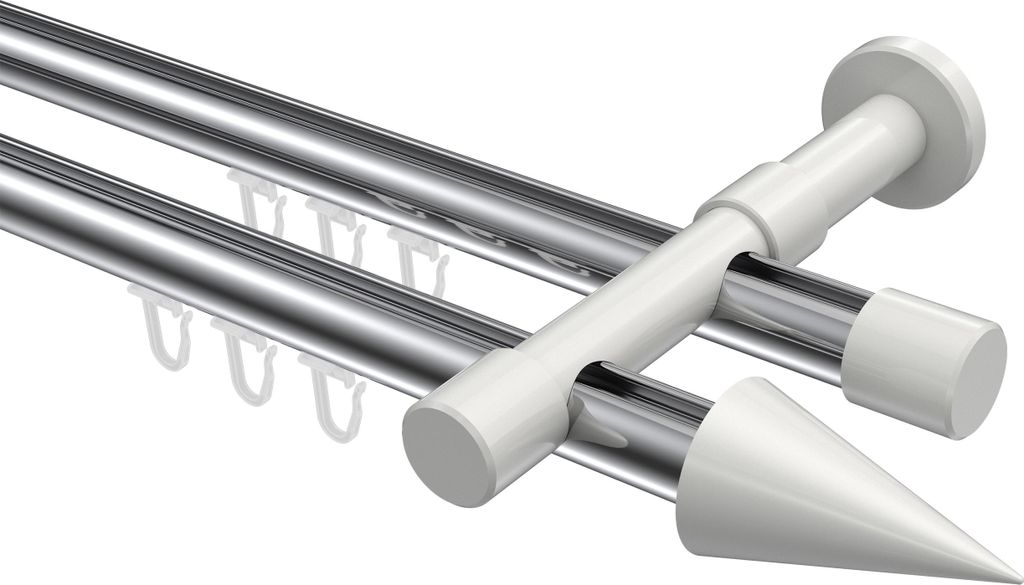 Interdeco Innenlaufstange / Gardinenstange mit Innenlauf Chrom / Weiß, Typ Prestige Savio (Kegel), 20 mm Ø 2-läufig, 520 cm