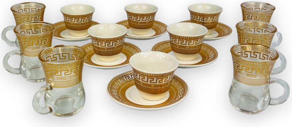 18-teiliges Kaffeeservice Teeservice für 6 Personen Medusa Mäander Gold Espressotassen Mokkatassen und Teegläser mit Unterteller Luxus Pur 100 M...