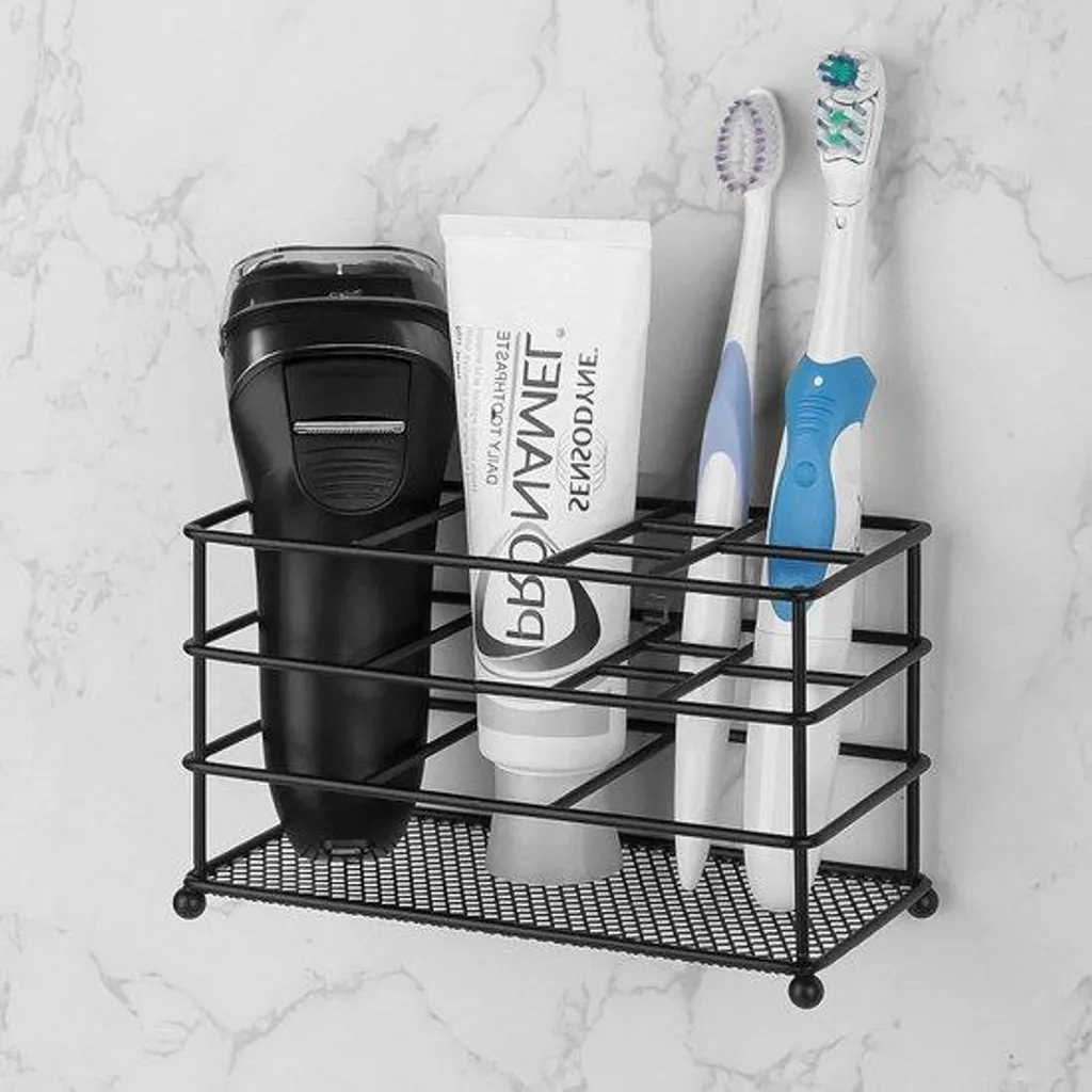 Organisateur de salle de bain noir avec support brosse à dents et dentifrice