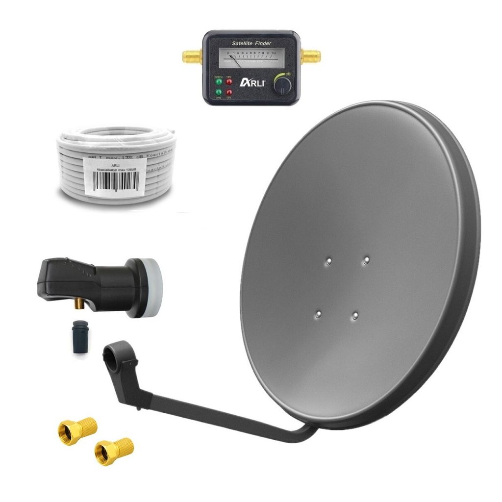 ARLI 60 cm HD SAT Anlage grau + Single LNB + 20m Koaxialkabel + Satfinder + 2x F-Stecker vergoldet