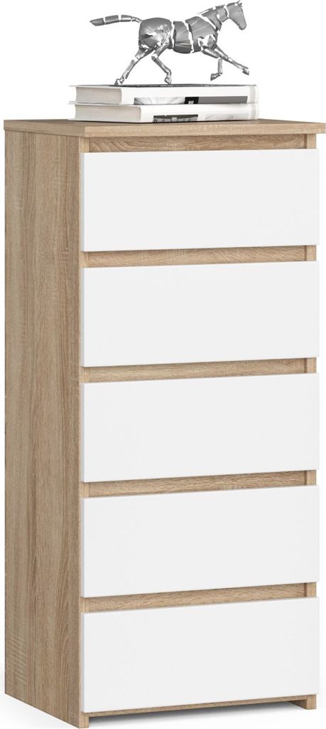 Kommode 40 cm breit Holz Highboard Sideboard für Flur Schlafzimmer Wohnzimmer Kinderzimmer Organizer 92 cm hoch mit 5 Schubladen sonoma Eiche-weiß
