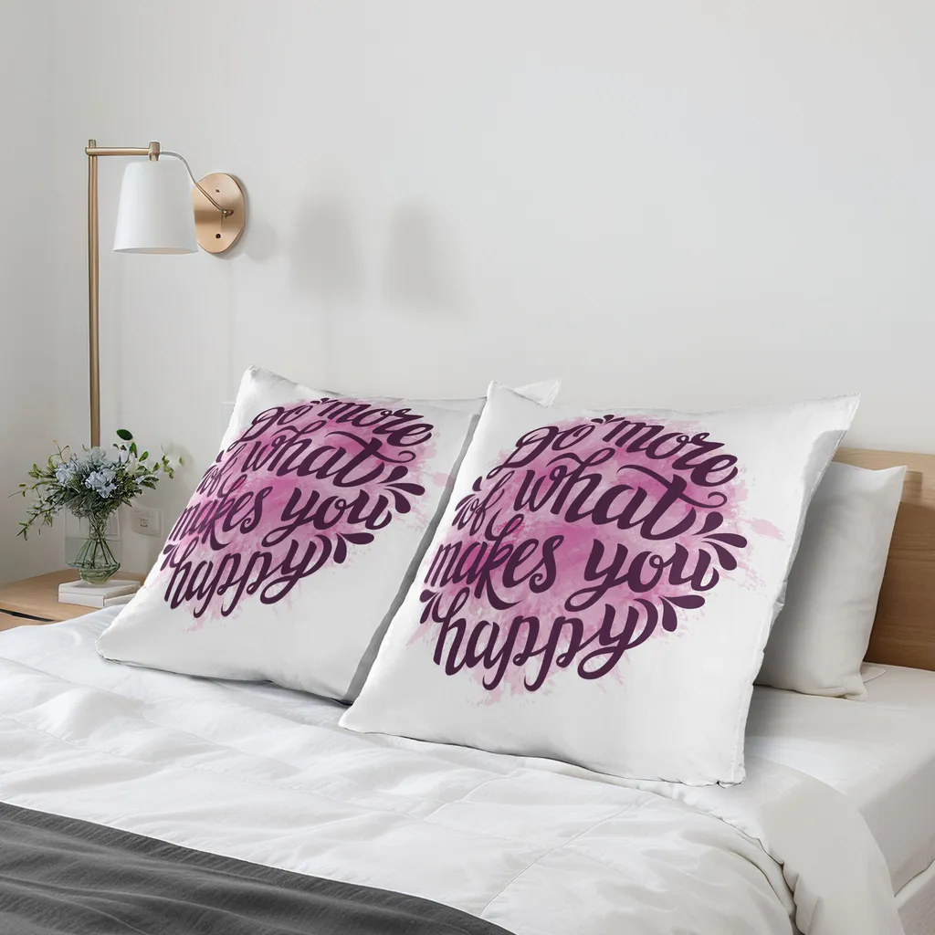 ABAKUHAUS Federa per cuscino con proverbio Confezione da 2, Fai di più ciò che ti rende felice Slogan con sfondo a pennellate ad acquerello, Federa per cuscino decorativa stampata, 80x80 cm, rosa e lilla
