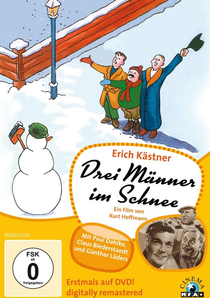 A DVD cover for the movie 'Drei Männer im Schnee' featuring an illustration of a snowman and three men in winter attire, along with promotional text and actor photos.