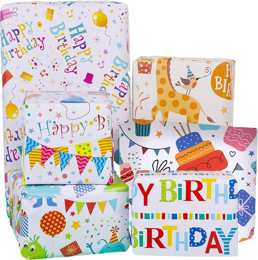 Geburtstagsgeschenkpapier-Set, 6 Stück buntes Tier-Geschenkpapier für Kinder, süße Happy Birthday-Geschenk-Dekoration für Babyparty, Mädchen,...