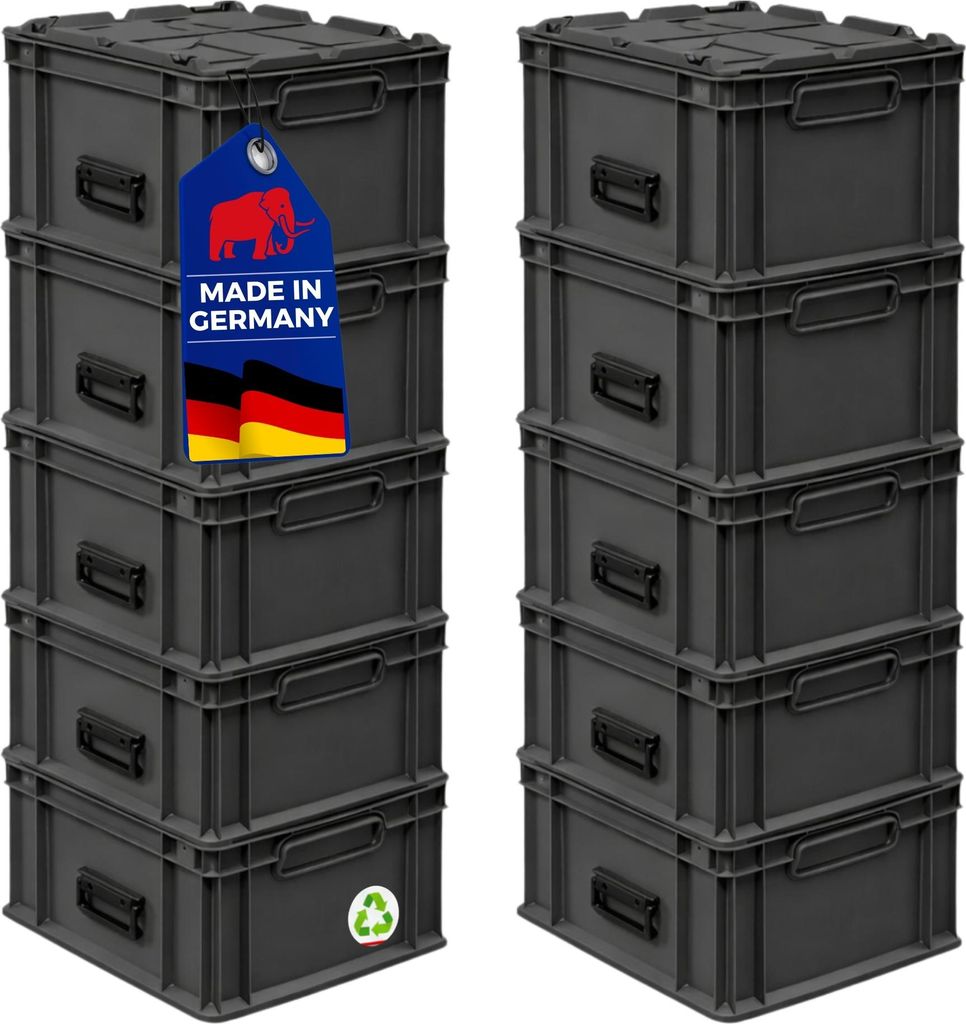 SuperSparSet 10x Eurobox NextGen Portable Germany | HxBxT 33,5x30x40cm | 30 Liter | Schwarz | Eurobehälter, Transportbox, Transportbehälter, Stap...