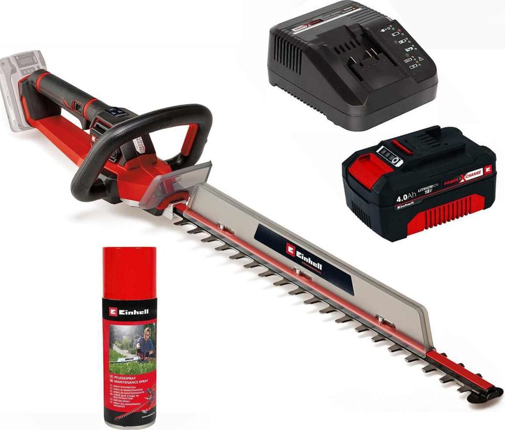 A cordless hedge trimmer with accessories, including a battery, charger, and maintenance spray, displayed on a white background.