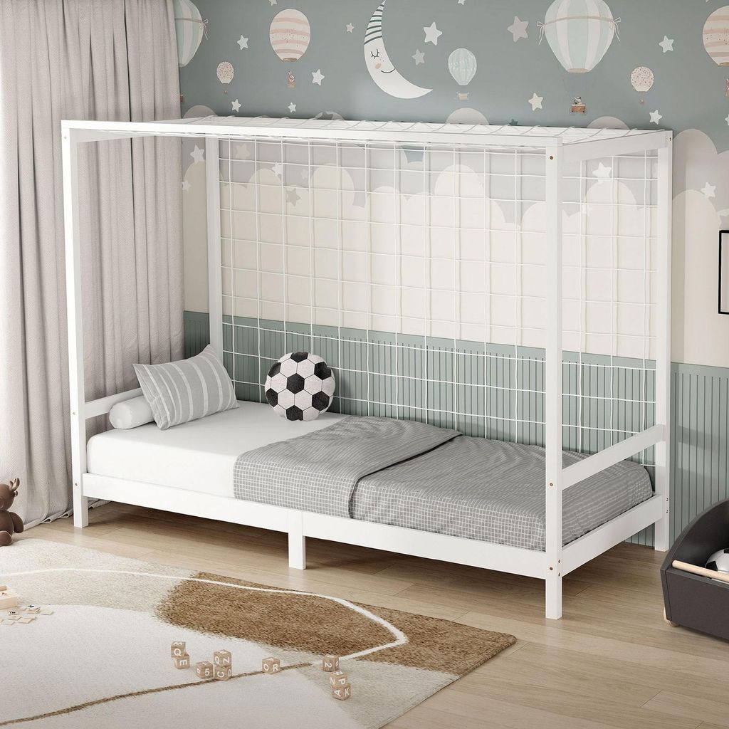 ML-Design Kinderbett Fußballtor 90x200 cm, Weiß, Einzelbett für Kinder, Holzbett mit Lattenrost & Tornetz, Jugendbett aus Kiefernholz, Handballtor