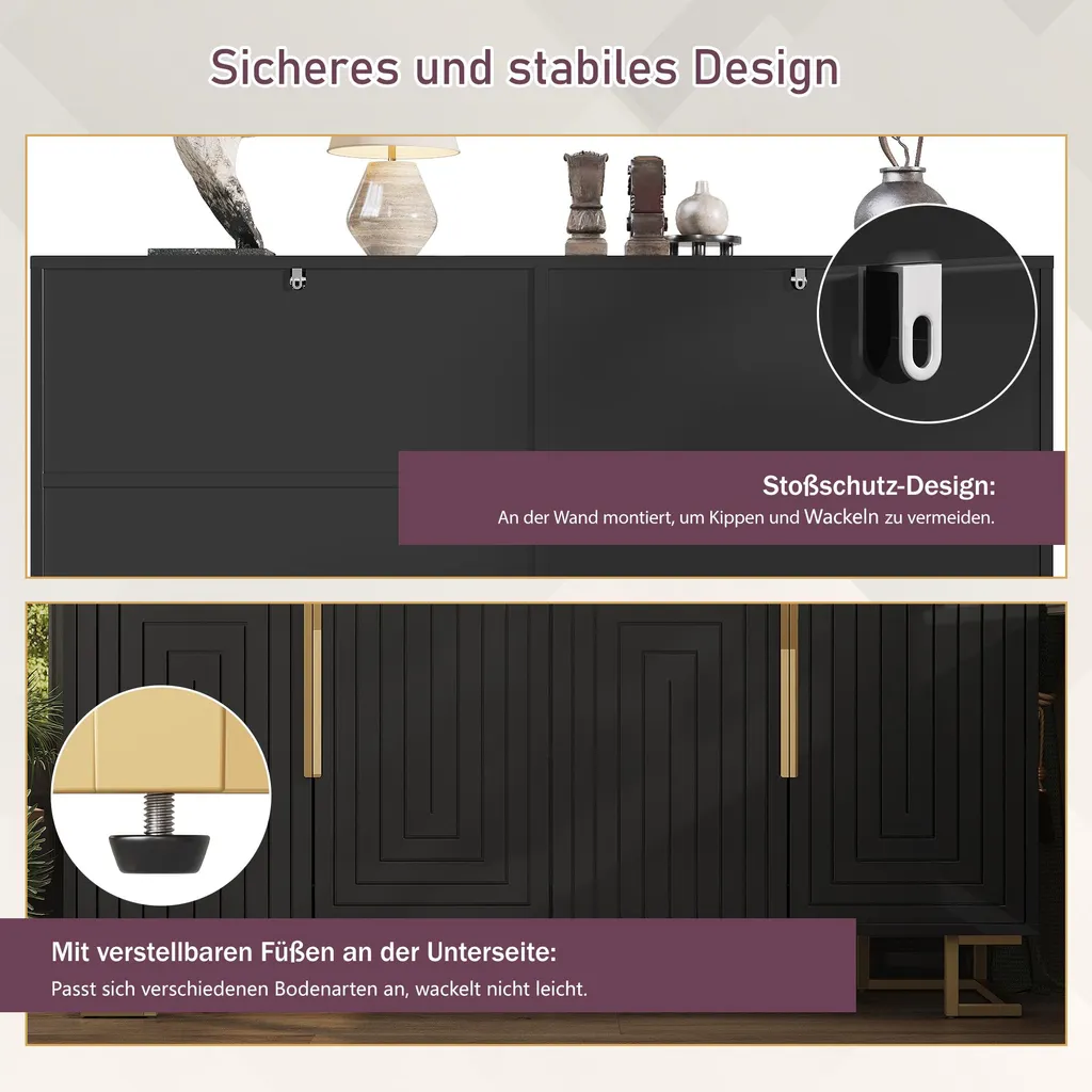 Commode Buffet Noir 152cm avec Design Géométrique et Finitions Dorées - 6