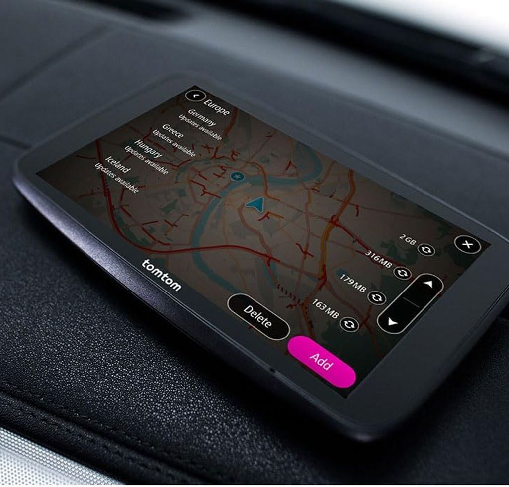 A close-up of a TomTom navigation device displaying a map.