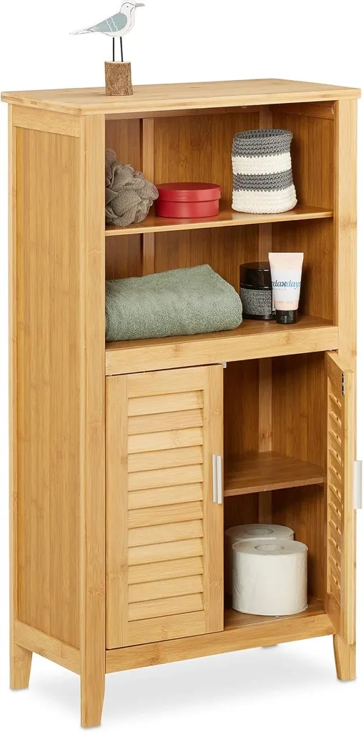 Étagère salle de bain bambou 92 cm de haut avec portes ventilées chic