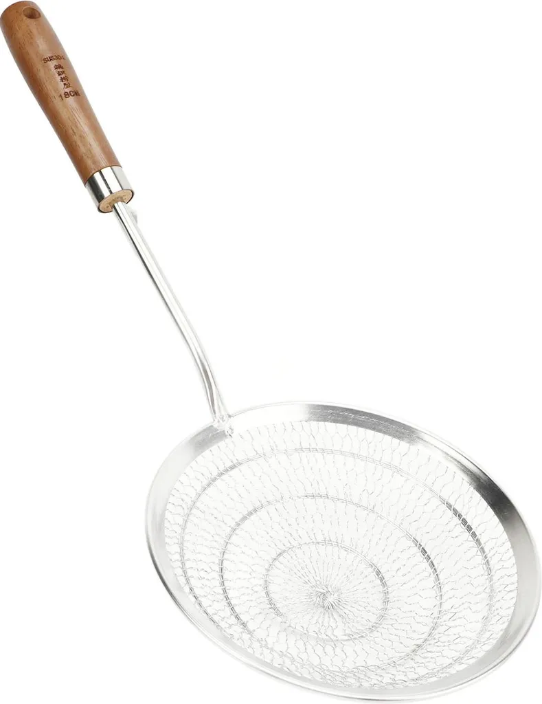 Écumoire Inox 304 avec Long Manche en Bois - Grande Taille 26,4x18 cm