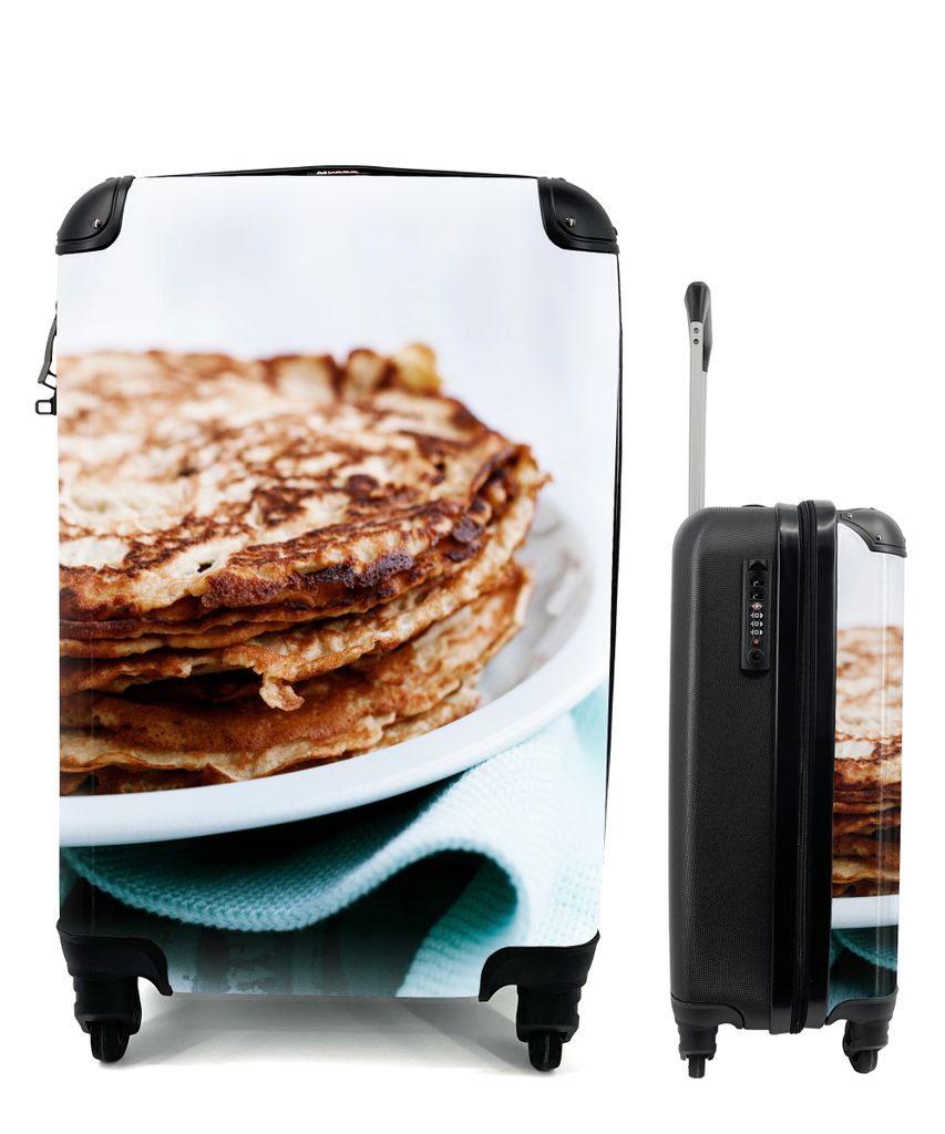 MuchoWow Koffer Handgepäck Trolley Rollkoffer Kleine Reisekoffer mit 4 Rollen - Leckere braune Pfannkuchen auf einem weißen Teller - Cabin Size...