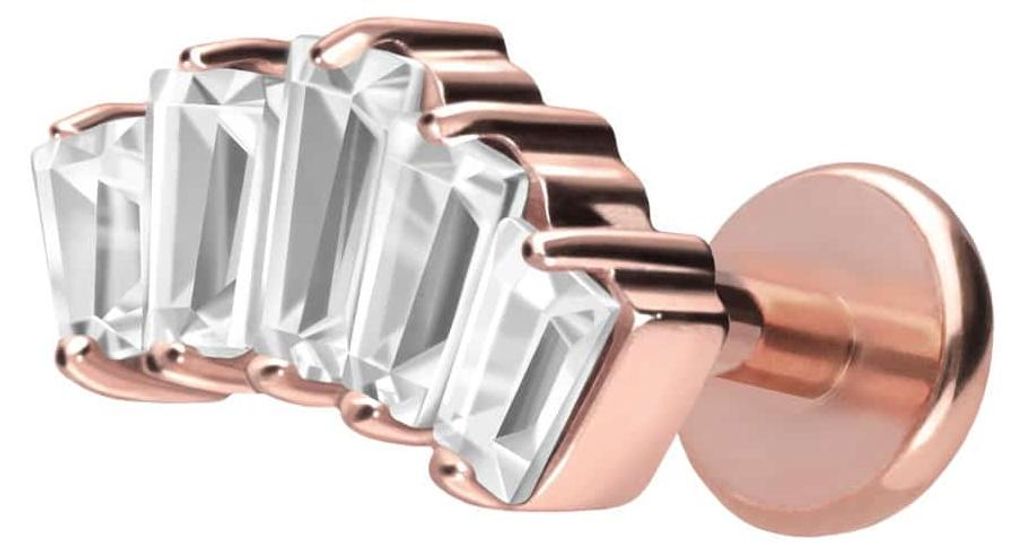 Ohrpiercing, Nasenpiercing Titan Labret mit Push Fit 5 EINGEFASSTE KRISTALLRECHTECKE RoséGold Stablänge: 7mm | Stabstärke: 1mm