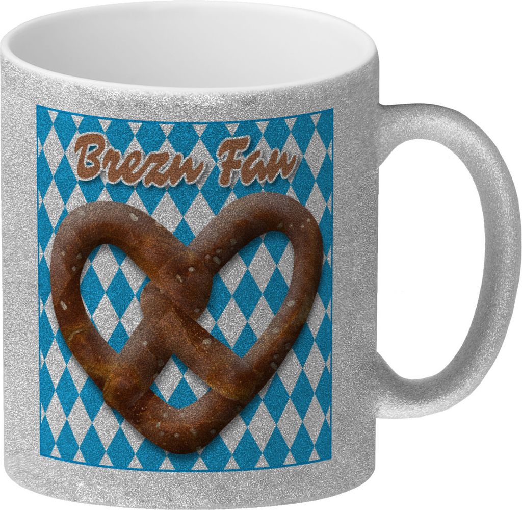 Brezelherz Bayernflagge Glitzer-Kaffeebecher mit Spruch Brezn Fan