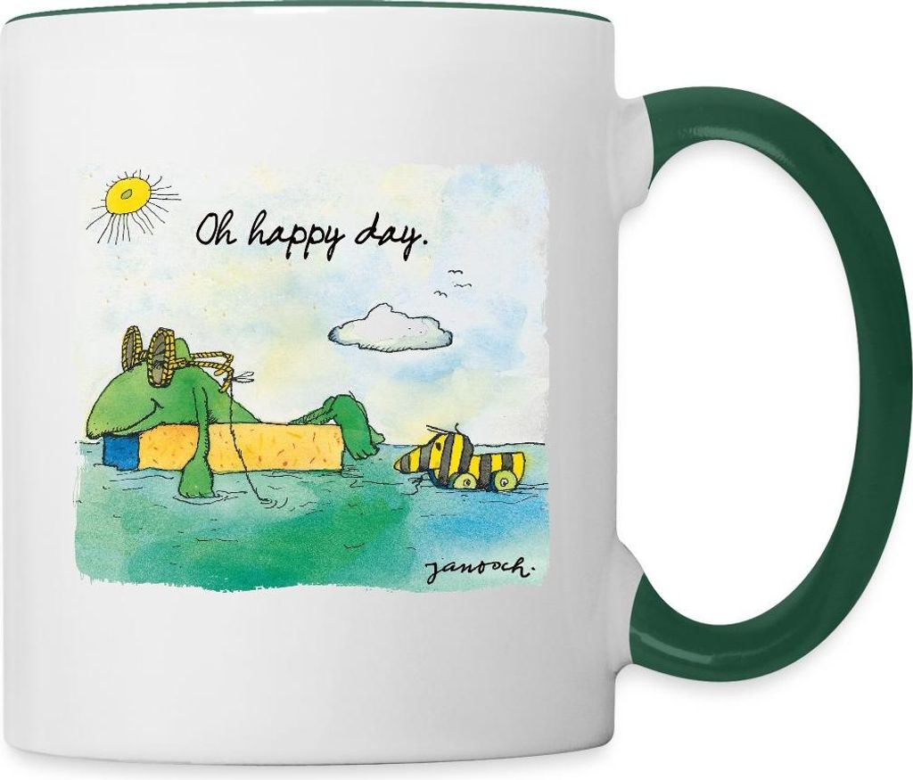 Spreadshirt Janosch Günter Tigerente Oh Happy Day Am See Tasse Zweifarbig, One size, Weiß/Dunkelgrün