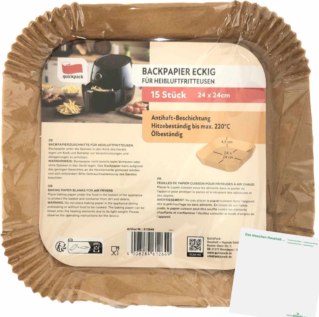 Quickpack Backpapier Eckig für Heissluftfritteuse (1x Packung mit 15Stk, 24x24cm) + usy Block