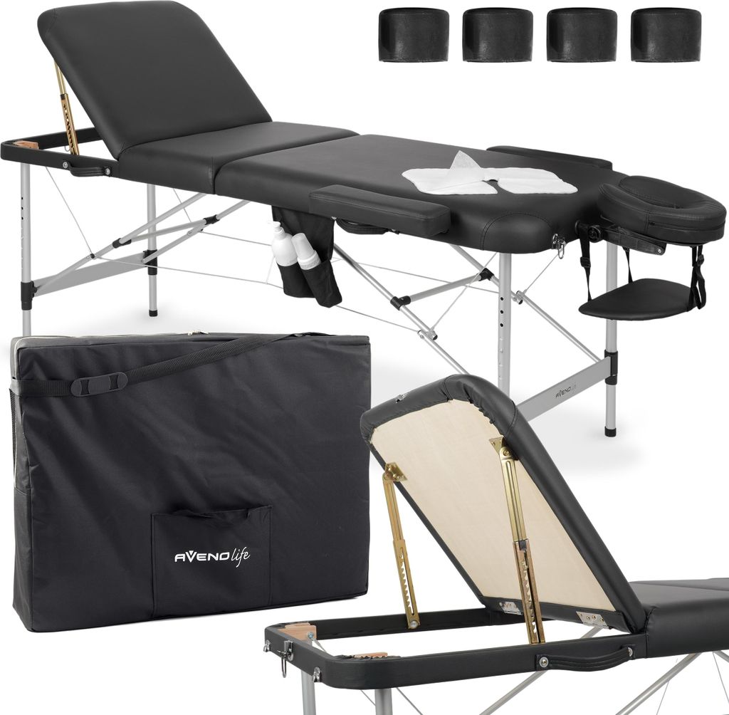 Habys Adele 3 Zonen Aluminium Massageliege | Massageliege Klappbar Kosmetikliege Massagetisch | Höhenverstellbar Tragebares | Schwarz | 185x60 cm