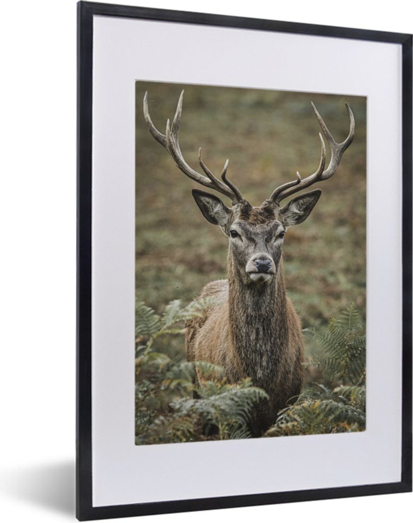 MuchoWow MuchoWow Gerahmtes Poster Hirsche - Geweihe - Blätter 30x40 cm - Poster mit zchwarzem Bilderrahmen - Wandposter Schlafzimmer