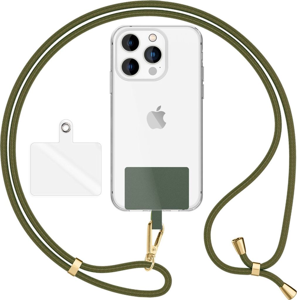 HoldMe Air Edition - Universal Lanyard mit 2 Pads & Karabinerhaken (gold) - 160cm Handyband zum Umhängen - Oliv Grün