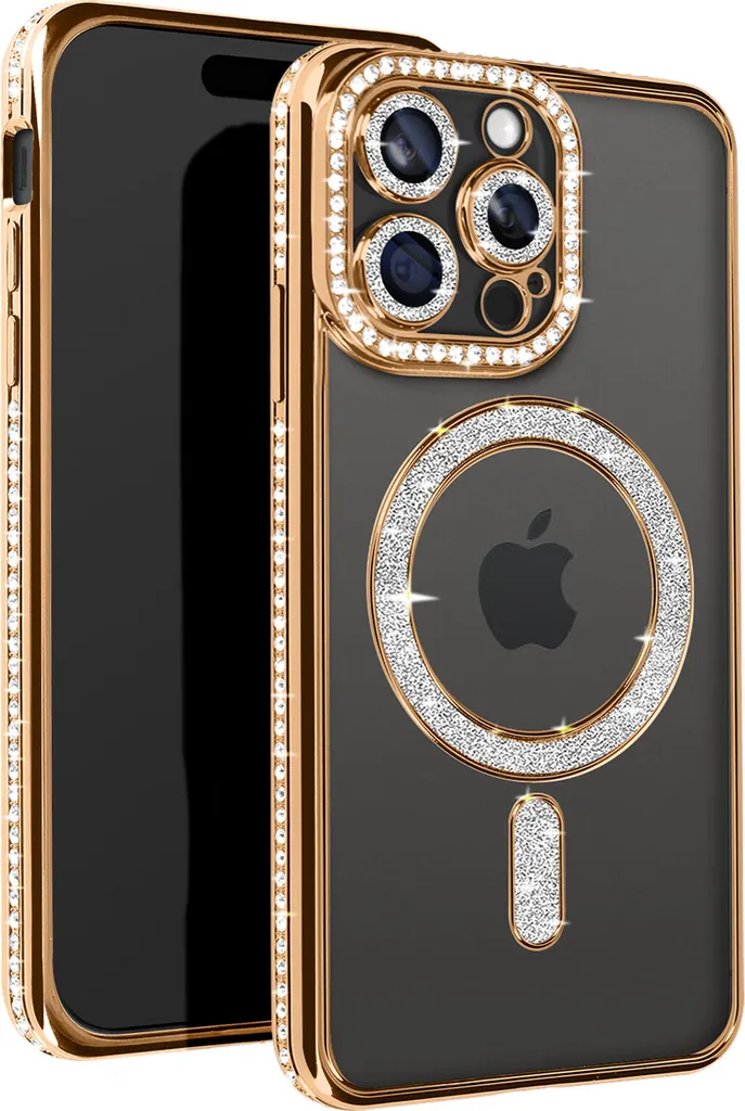 Avizar, custodia diamantata per iPhone 15 Pro Max - protezione MagSafe con bordo in strass, oro