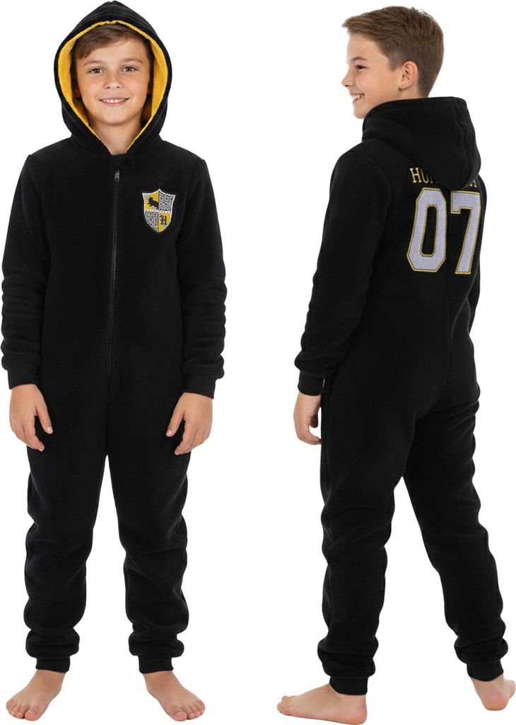 HARRY POTTER Hufflepuff Einteiliger Kinderpyjama, warmer Fleece-Pyjama, Onesie mit Kapuze Größe: 7-8 Jahre 128 cm
