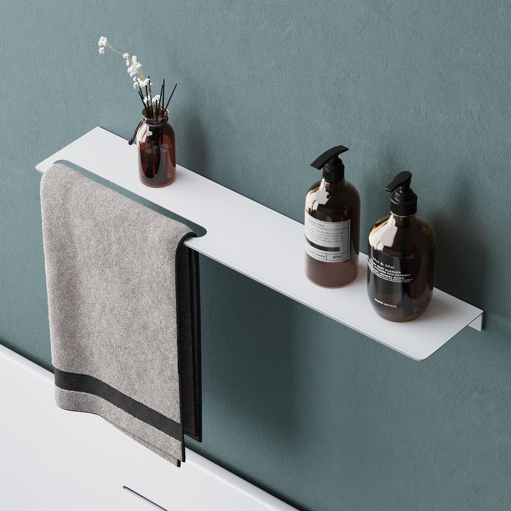 Mai & Mai Duschablage zum Bohren oder Kleben Duschregal Badablage aus Aluminium 60cm Badezimmerablage zur Wandmontage Organizer Matt weiß Reglo-06