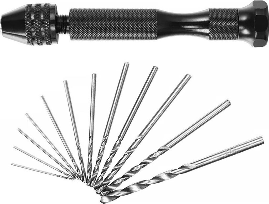 A hand drill and a set of drill bits are displayed against a white background.