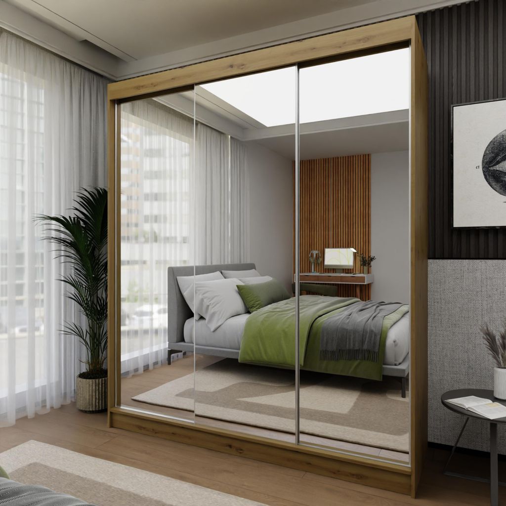 Schiebetürenschrank 180 cm Mirage dreitürig Holzkleiderschrank mit Spiegeln Garderobe mit Spiegel und Regalen Spiegelschiebetürenschrank mit Kle...