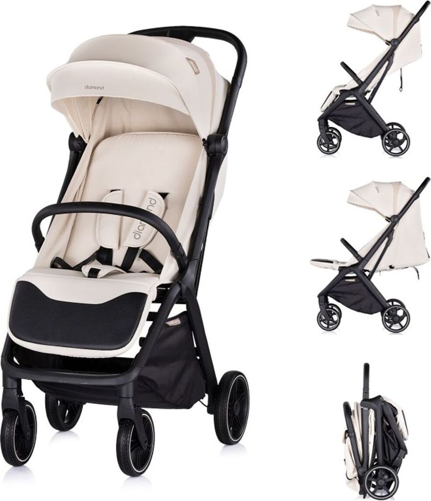 Chipolino Kinderwagen Diamond klappbar, Korb, PolyurethanRollen, Sonnendach, Beinstütze beige