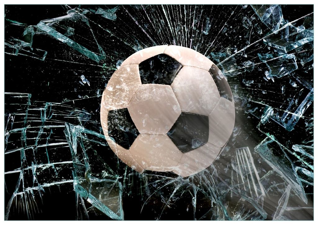 Wallario Premium Glasbild, freischwebende Optik, kräftige Farben, Größe 100 x 70 cm Motiv Fußball - im Fenster, Splitter und Glas