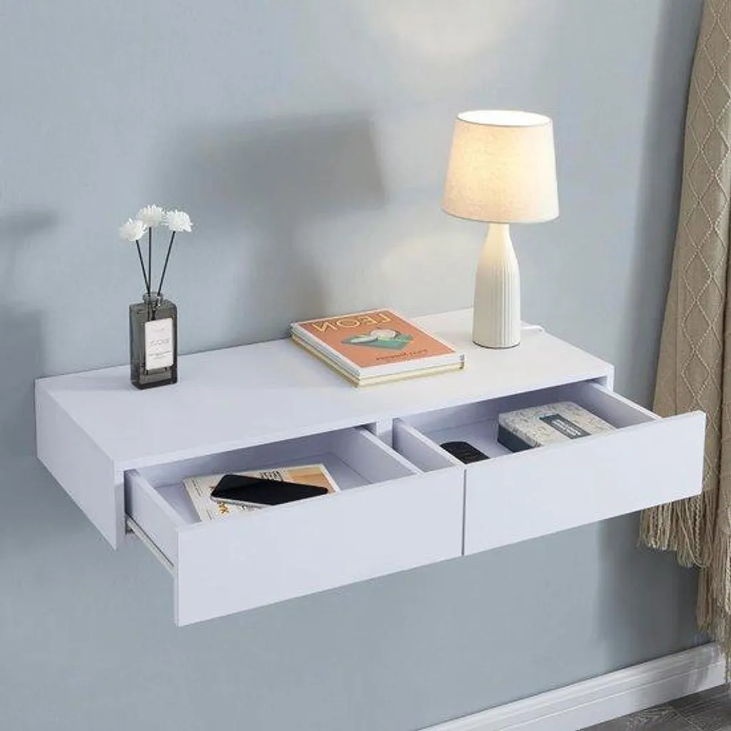 Console murale flottante blanche 2 tiroirs de rangement 80x35x12 cm