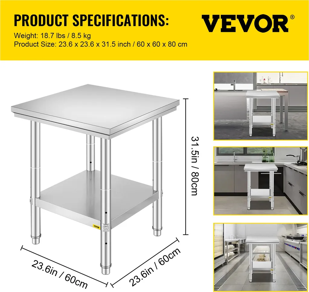 Table de travail inox robuste, capacité 150kg, dimensions 60x60x80cm