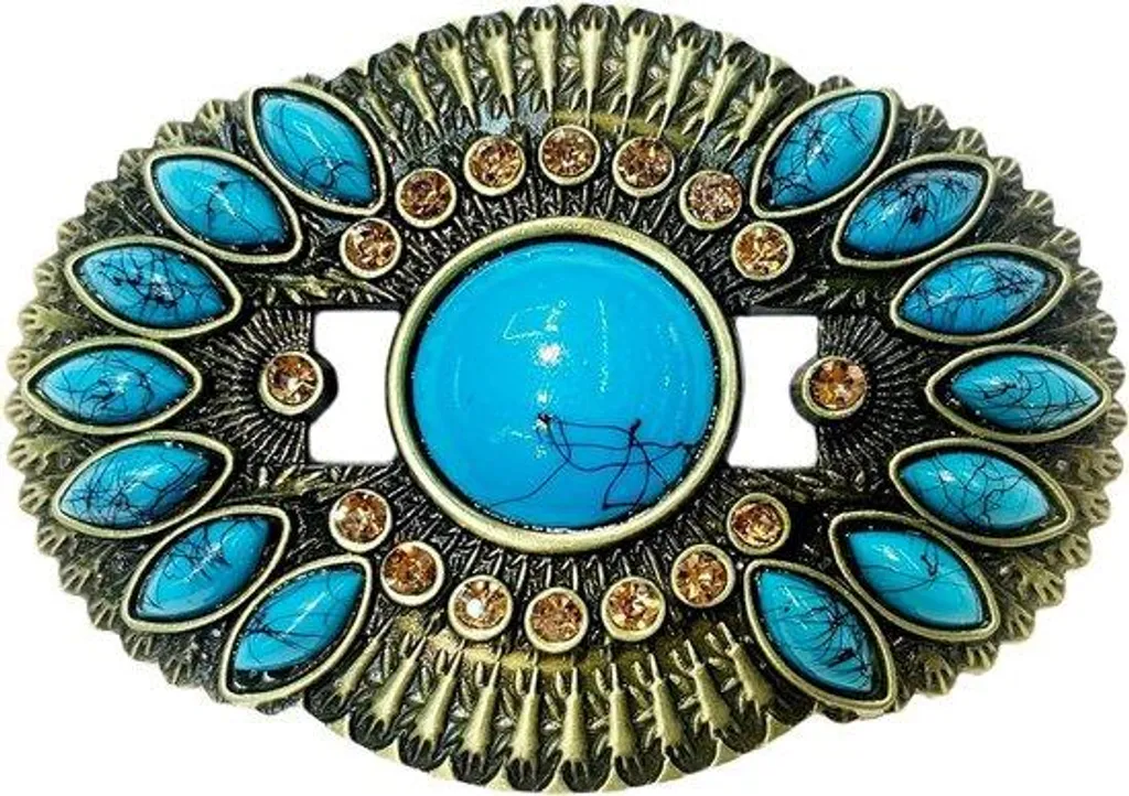 Boucle de ceinture ovale turquoise motif floral relief pour cuir 38mm