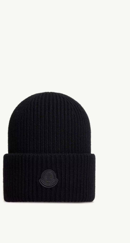 Moncler Beanie Wollmütze Schwarz aus Wolle mit ikonischem Logo Einheitsgröße