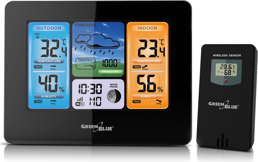 Wetterstation Wettervorhersage WiFi App Display 7 Sprachen IPX4 GreenBlue