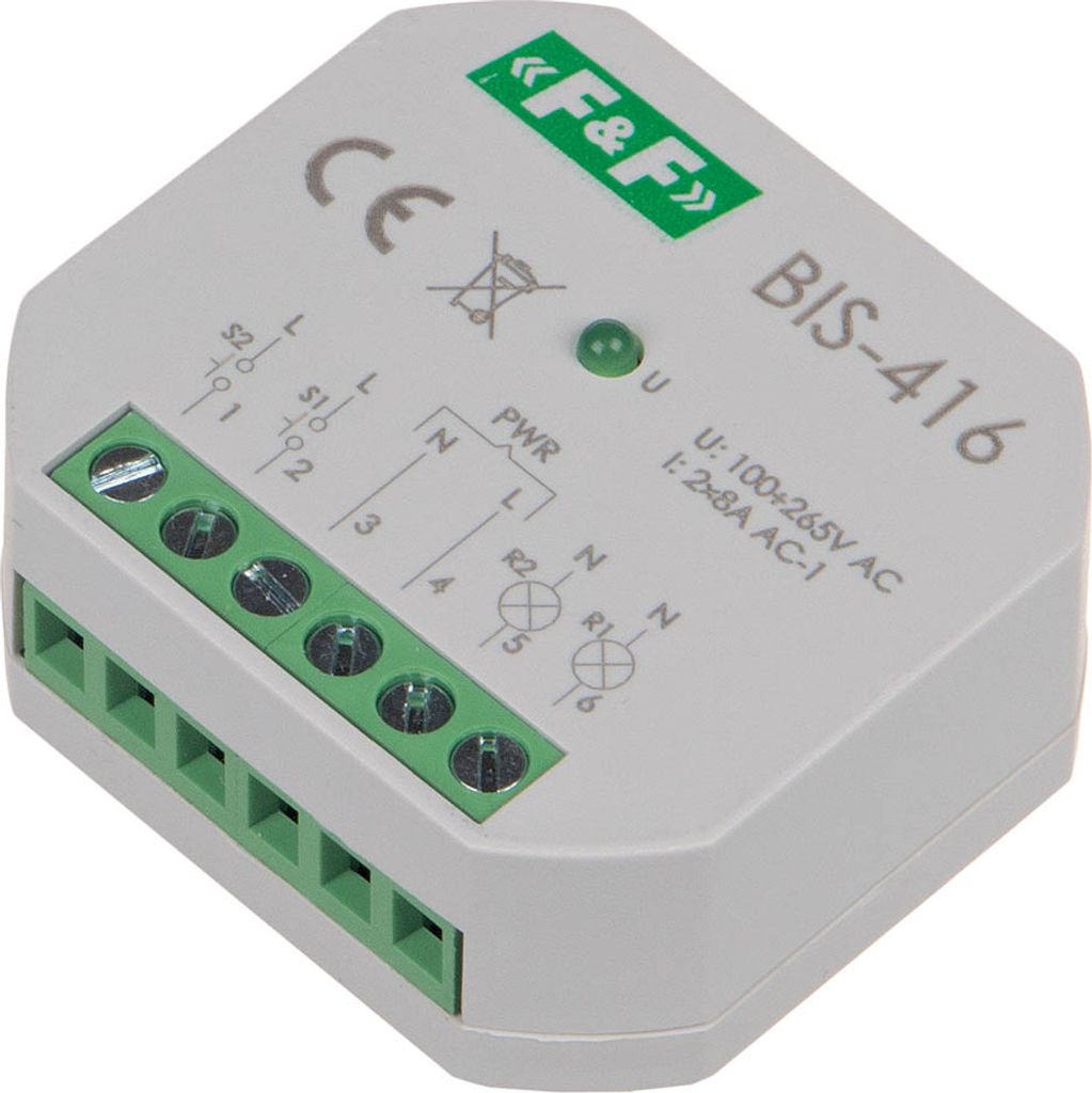 A close-up, angled view of a small, gray electronic device with green terminal blocks and a green LED indicator light.