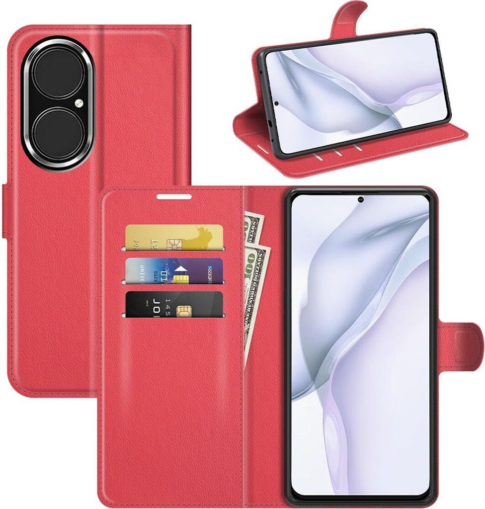 Schutzhülle für Huawei P50 Case Handy Hülle Cover Case Schutztasche Wallet Etuis Neu, Farbe:Rot