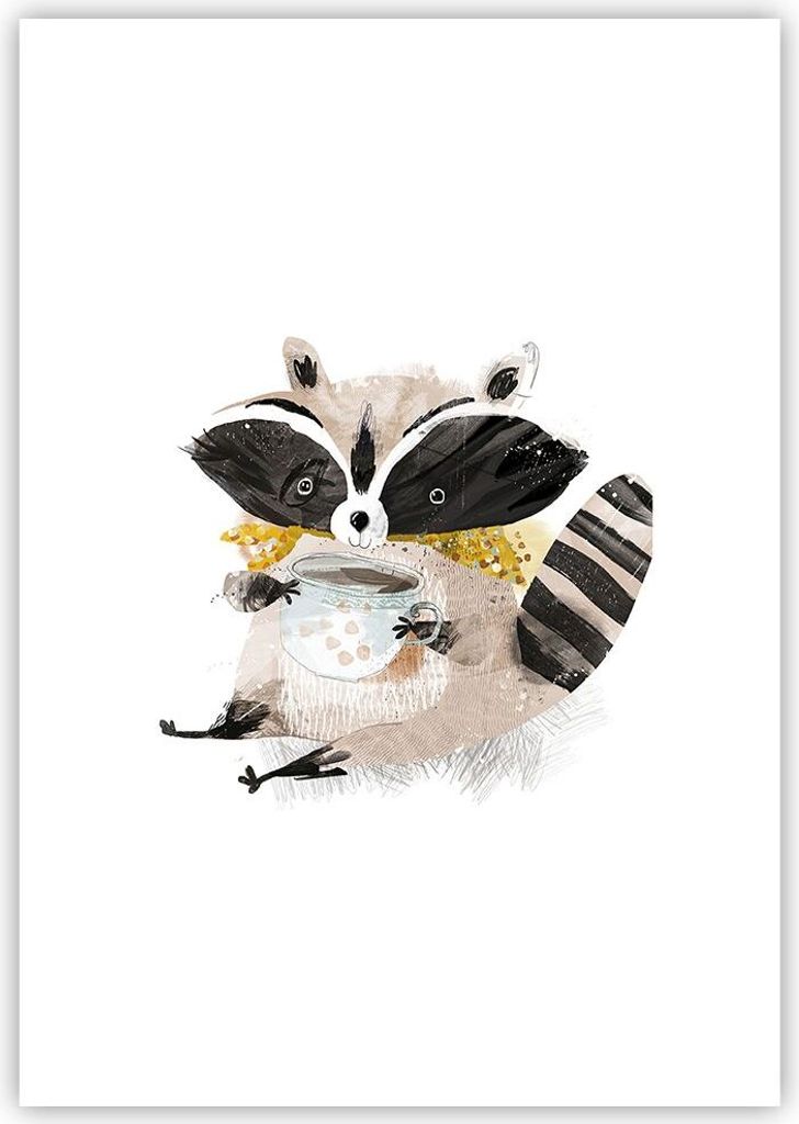 Poster - Poster ohne Rahmen - Waschbär Tasse Kinder - 70x100 cm - Wand Bild - Wanddeko - Wandbilder - Kunstposter - Wandposter - Bilder - Kunstdru...