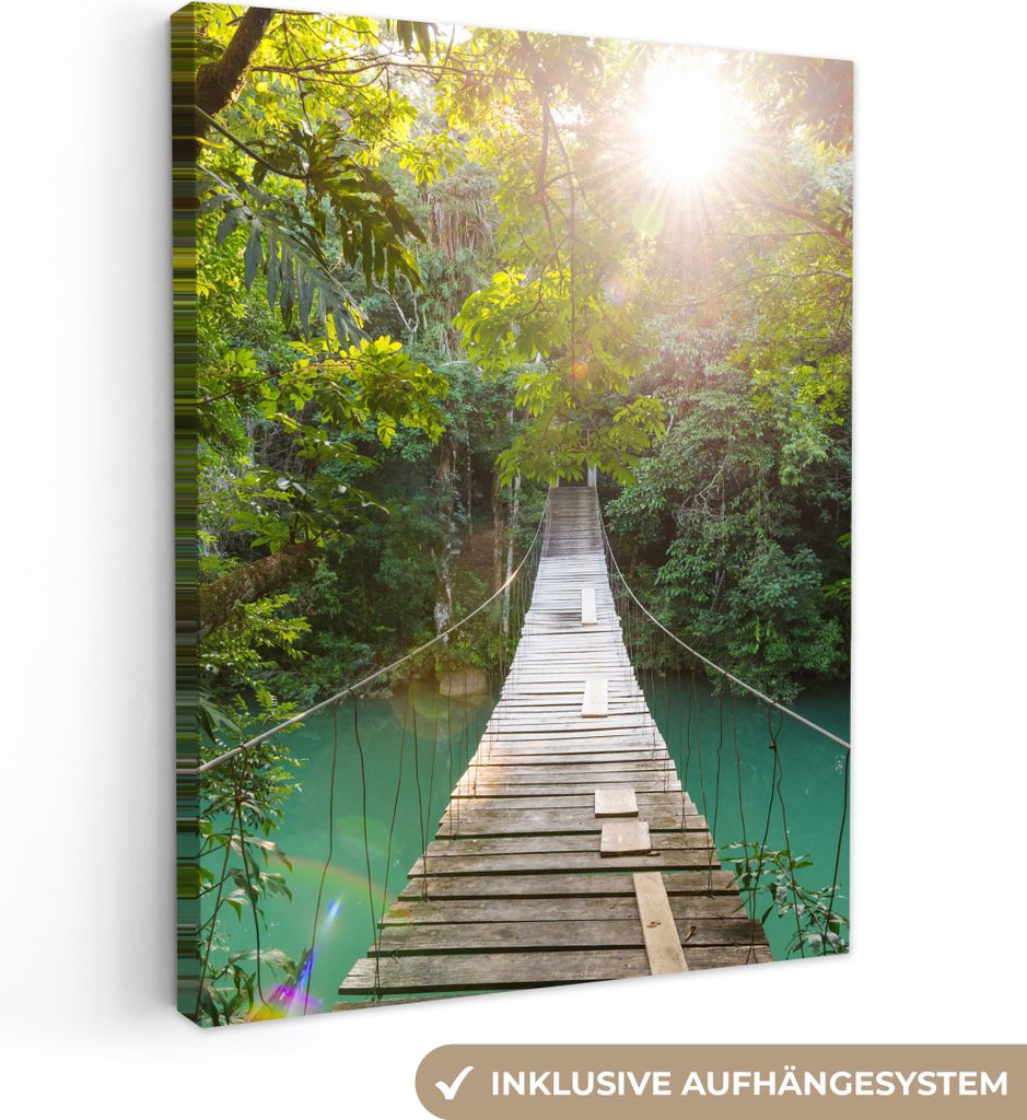 MuchoWow - Leinwandbilder - Dschungel - Wasser - Brücke - Natur - Pflanzen, Wandbild, Wanddeko Bilder Wohnzimmer, 60x80 cm