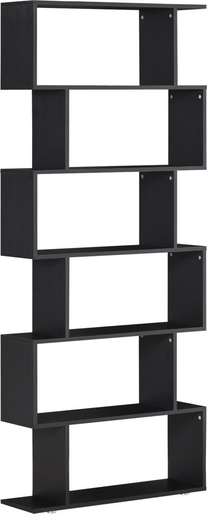 HOMCOM Bücherregal, 6 Regale, Holz, S-Form, 80 x 24 x 191 cm, schwarze Regale