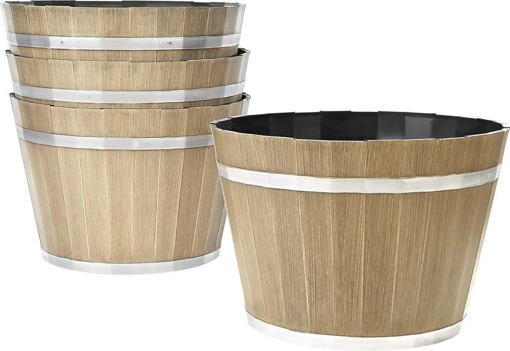 Plant Pots, 4 Pack 300 mm Whiskey Barrel Planters with Drainage Holes, Large Outside Plastic Decoration Flower Pot Imitation Wine Barrel Design for...