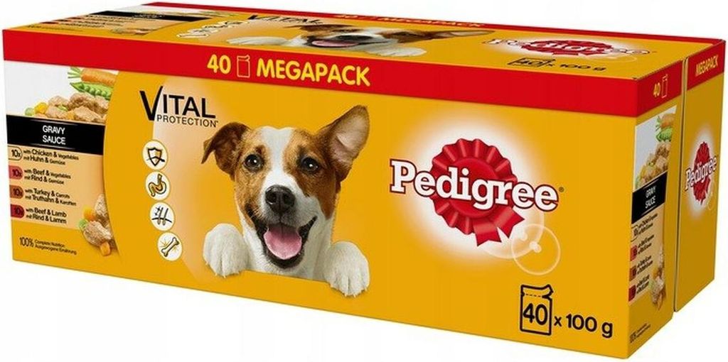 A box of Pedigree dog food multipack.