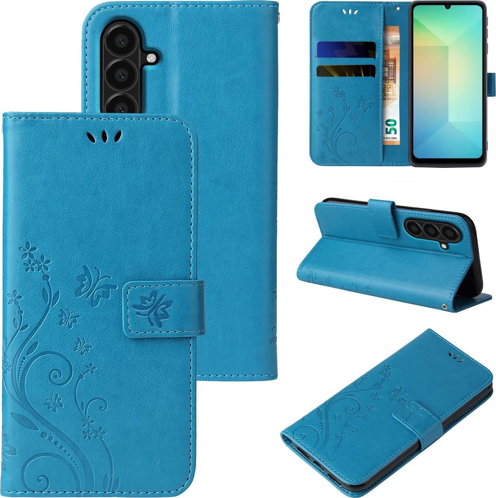 A collage of images showing a blue flip phone case with floral and butterfly designs from multiple angles.