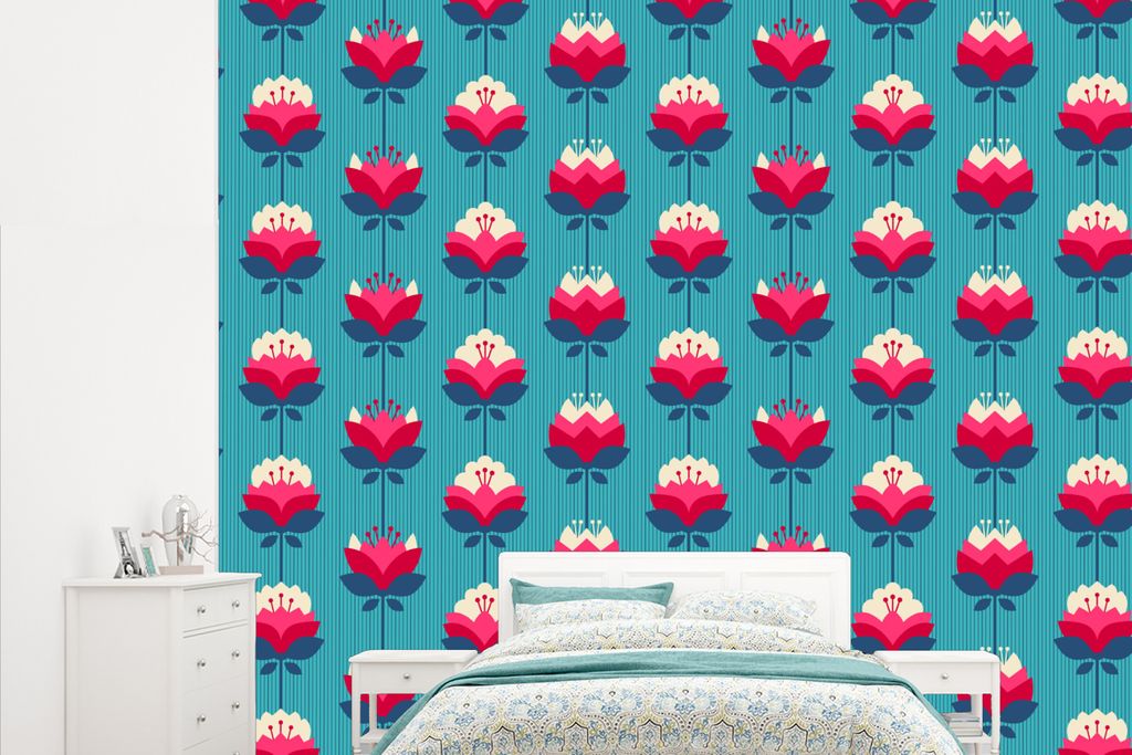MuchoWow Fototapete für Wohnzimmer oder Schlafzimmer Wandtapete Vinyl Motivtapete Muster - Retro - Lilie - 265x220 cm - Die Küche