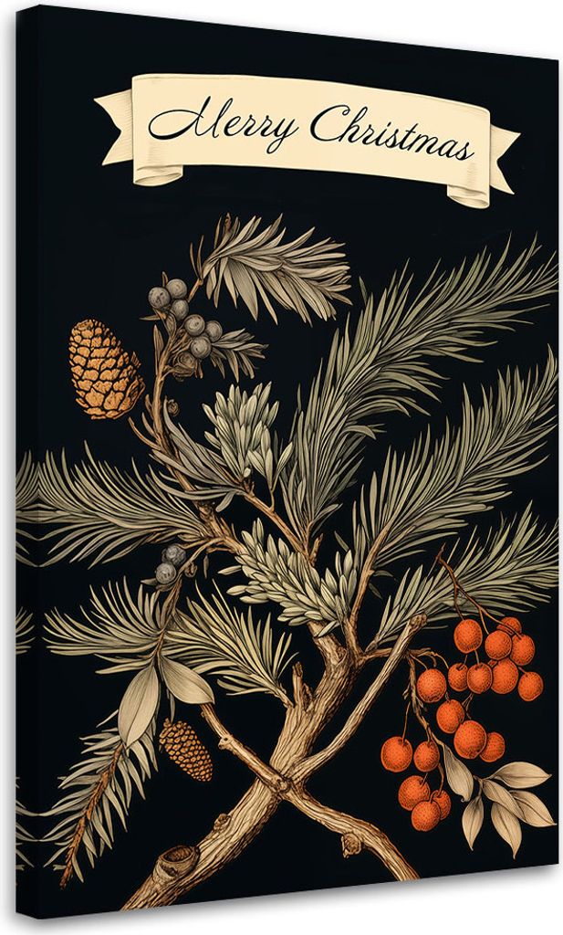 Leinwandbild Zeichen für Frohe Weihnachten und Tannenzweig 60x90 Feeby Schwarz bild für die wand bereit zum aufhängen